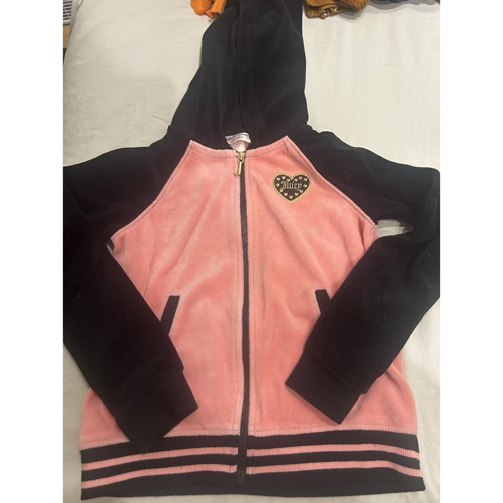 Juicy Couture Full-Zip Pink Black Velour Hoodie Track Jacket Kids‎ Size 6